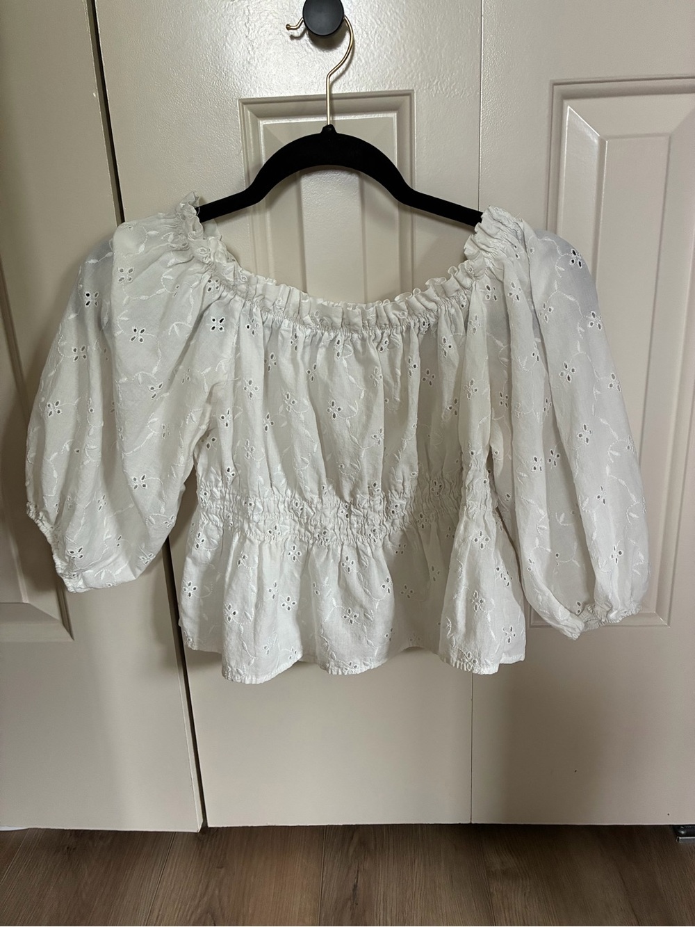 Zara White Eyelet Off-Shoulder Peasant Top